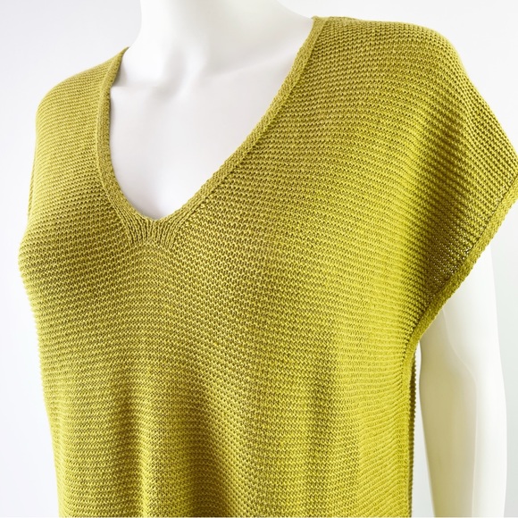 Eileen Fisher Green Knit Short Sleeve V-Neck Sweater Top Tunic Length Petite PL - Picture 4 of 8